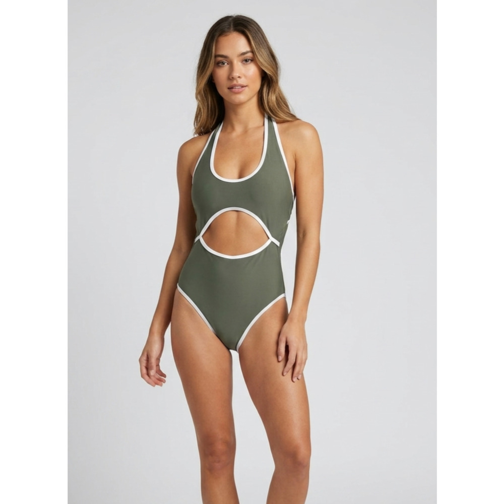 Cyn & Luca Army Green White Trim Cut‎ Out One Piece Swimsuit Size Small NWT